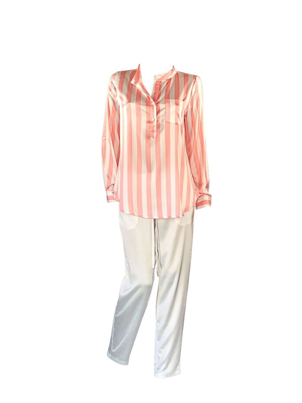 ✨ Pink Satin Silk Long-Sleeve Pajama Tunic & Bottom Set ✨